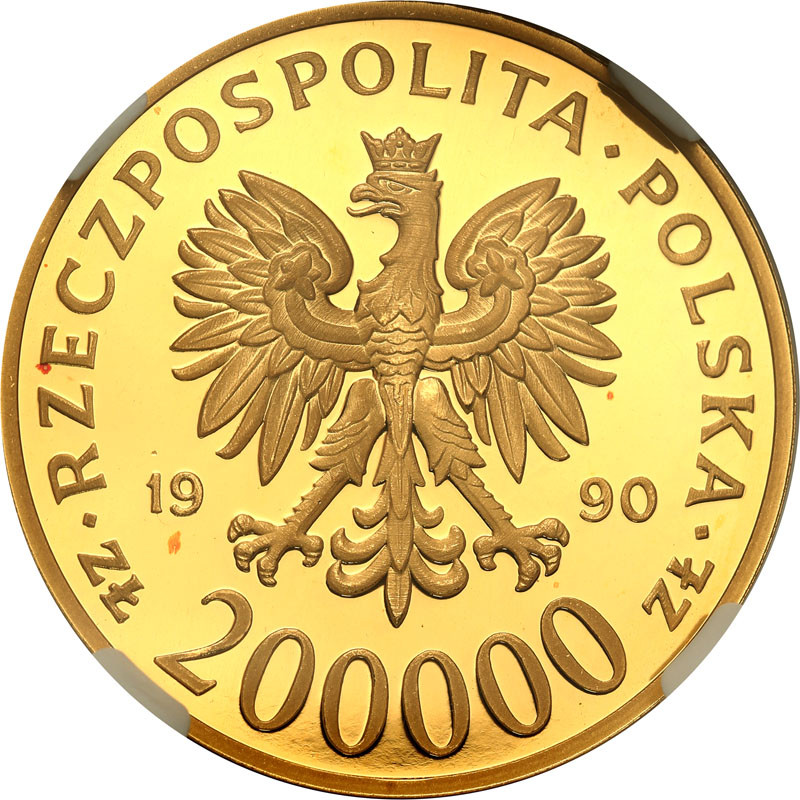 III RP. 200.000 złotych 1990 Solidarność 39 mm NGC PF69 ULTRA CAMEO (2 MAX)